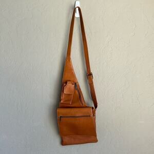 Brown Leather Vintage Sling Bag Long Strap Adjustable Fold Over